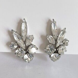 Vintage SHERMAN Silver Crystal Rhinestone Cluster Stud Clip On Evening Earrings